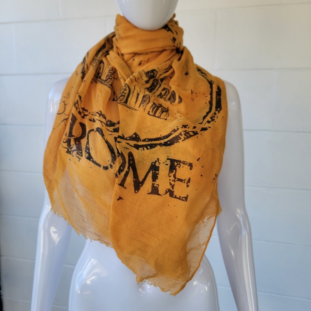 Rome Italy Themed Scarf Mustard Yellow Cotton Blend with a Sheer 70" x 26"